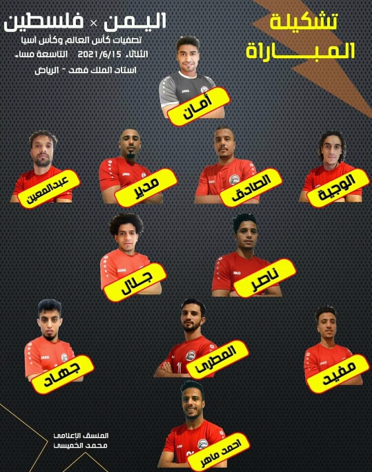 هذه هي التشكيلة الرسمية لمنتخب اليمن أمام المنتخب الفلسطيني