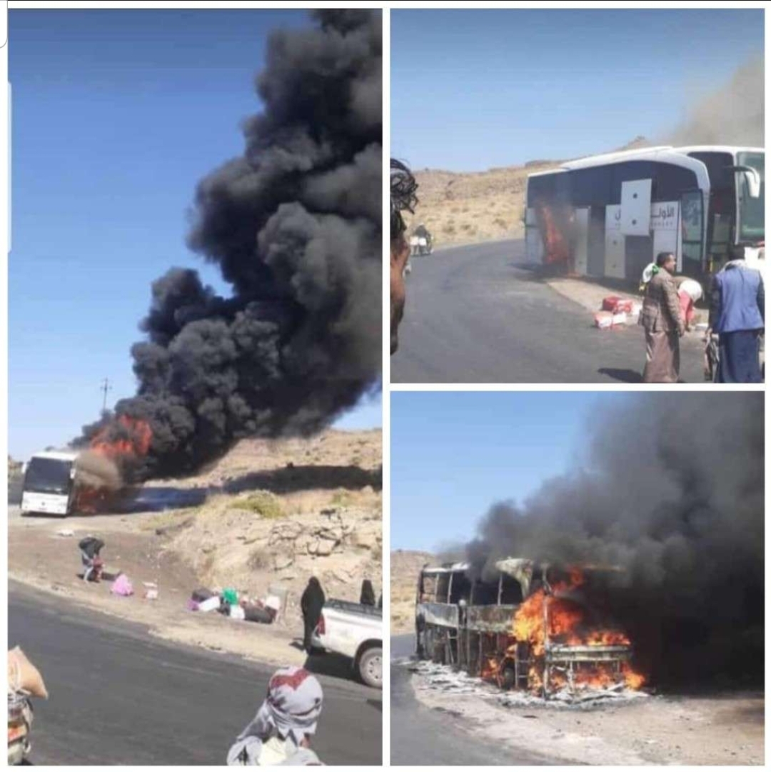 إندلاع حريق هائل بباص نقل جماعي في خط صنعاء الحديدة ” صور “